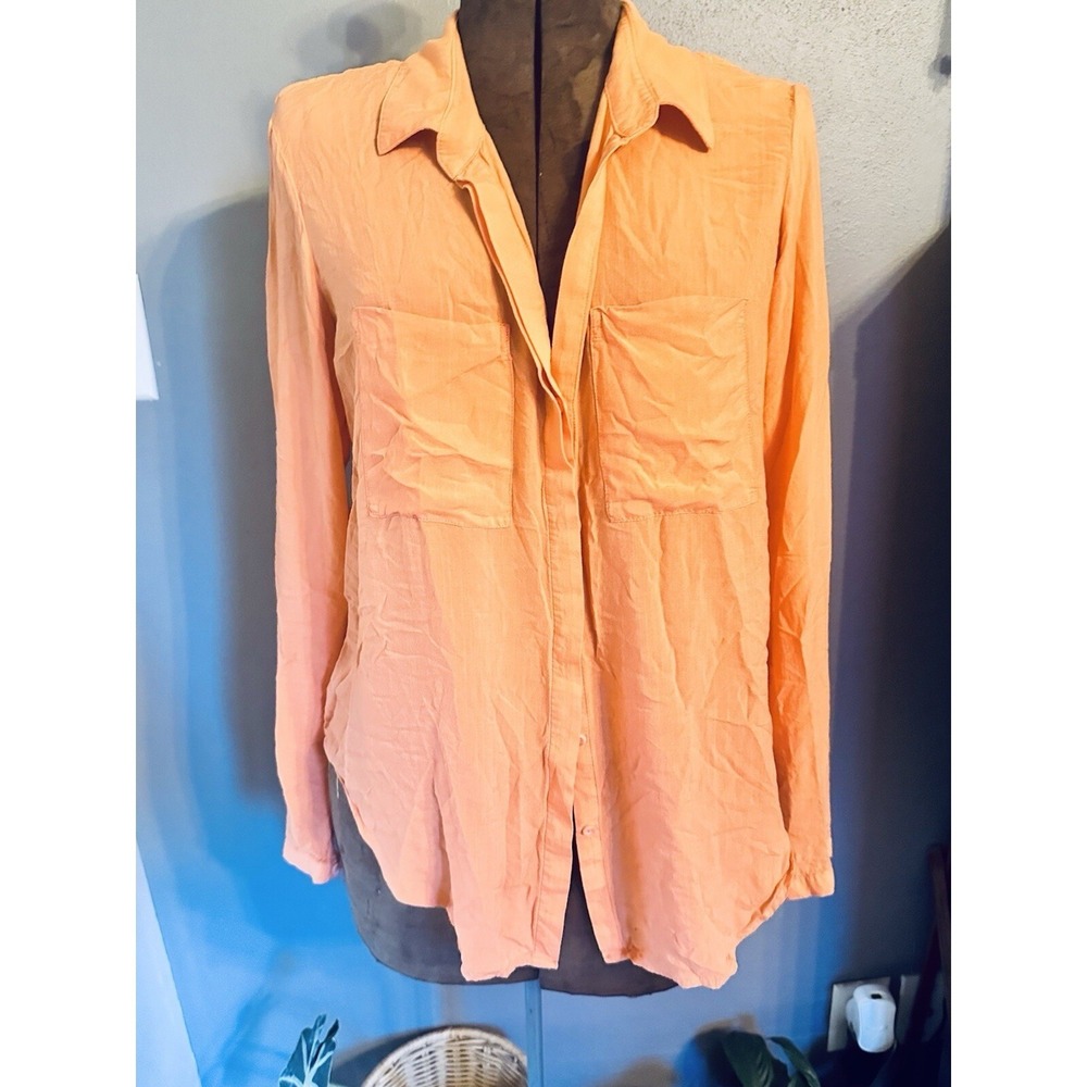 Medium Button Down Shirt Long Sleeve Collared Orange Top Blouse Casual